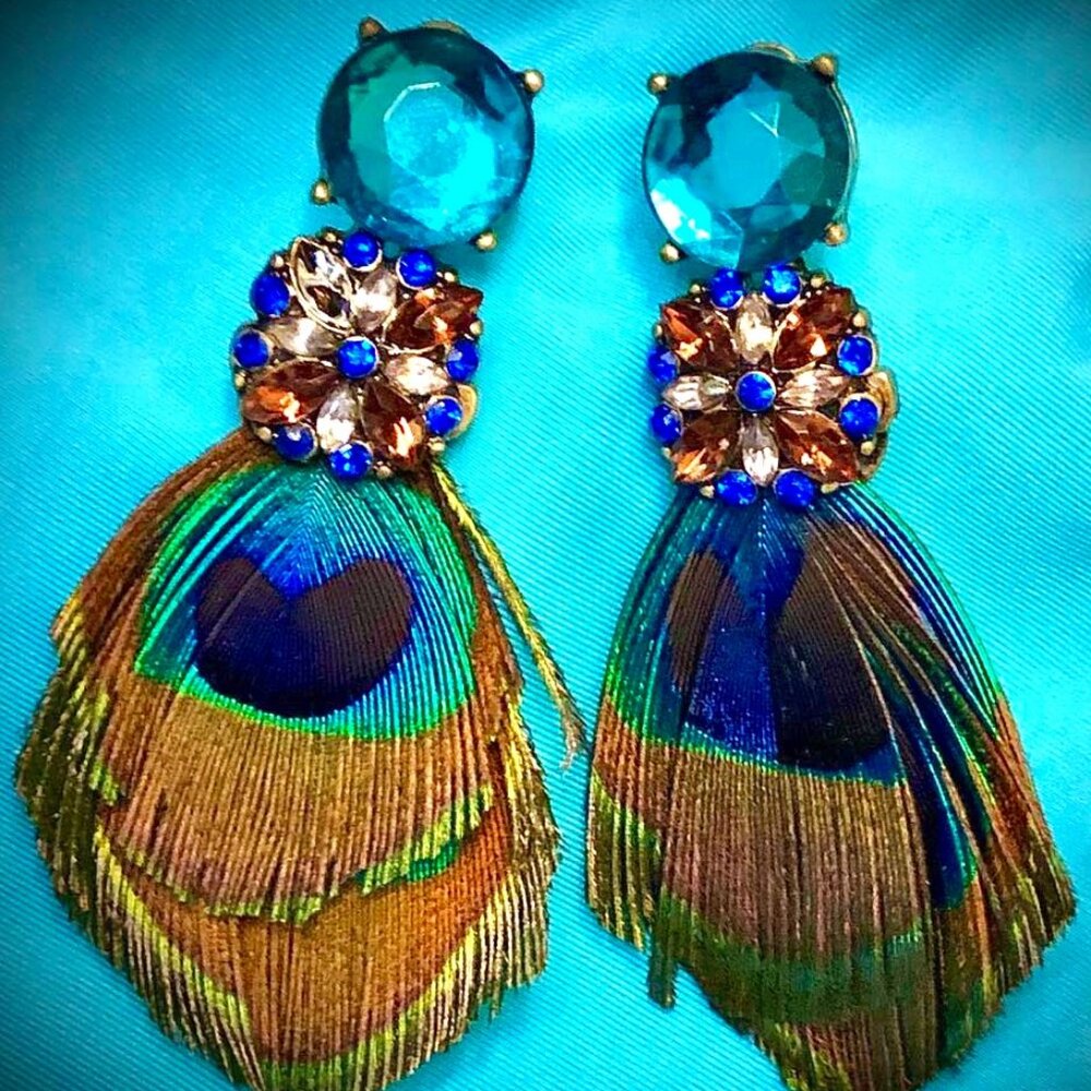 ALEXANDRA'S ACCENTS Rhinestone Jewel Post Peacock Feather Dangle Earrings NWT
